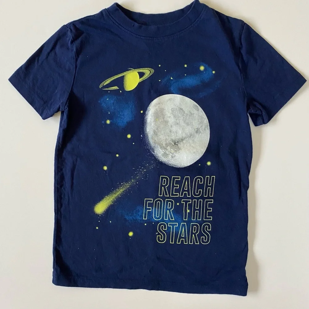 Lands’ End Space Shirt Size 5 6 Medium Navy Blue Short Sleeve planets moon stars